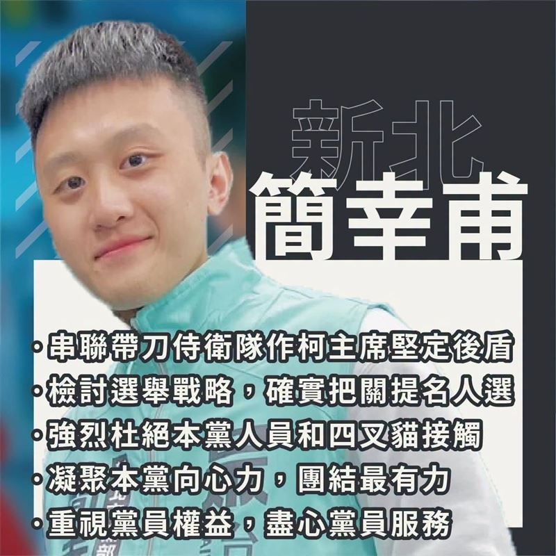 前民眾黨中評委簡幸甫曾自稱「阿北的帶刀侍衛」，他先前捲入「騙砲」風波，民眾黨中評會宣佈開除其黨籍。（圖／翻攝自四叉貓臉書）