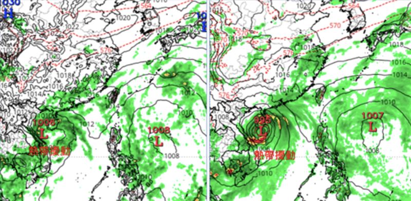 最新(9日20時)歐洲(ECMWF左圖)及美國(GFS右圖)模式、下週(13)日20時模擬圖顯示,熱帶擾動在南海醞釀,大致朝越南方向前進;發展的程度有差異。(圖/翻攝自洩天機教室官網)