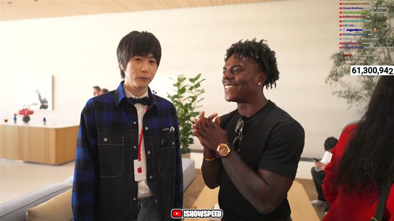 阿信(左)與Speed(右)互動掀起熱議。(圖/翻攝自IShowSpeed YouTube)