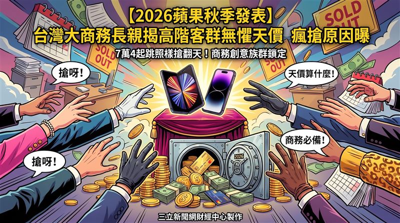 蘋果新機迎來大改版，首度搭載可變光圈與全新散熱架構，台灣大哥大商務長林東閔看好國內市場將湧現一波瘋狂搶購潮。話題性十足的折疊機預計十月下旬開賣，直接內建原先需加價的奈米紋理玻璃，強悍規格成功點燃商務客群的強烈換機慾望。面對突破七萬元的驚人起跳價，林東閔直言考量全球供應鏈與記憶體漲價趨勢，此定價完全在預期內，高階用戶依舊會熱情買單。（圖／AI製圖）