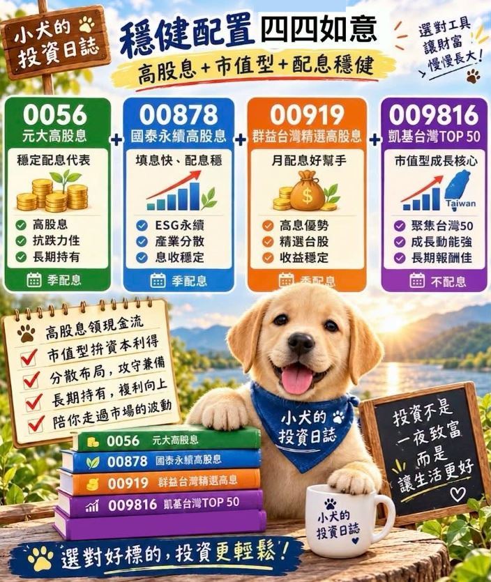 投資達人《小犬的投資日誌》分享自己透過元大高股息(0056)、國泰永續高股息(00878)、群益台灣精選高息(00919)搭配凱基台灣TOP50(009816)的「三高一低(市值型)」黃金配置,提醒投資人「投資不是比快,而是比誰走得久」。(圖/翻攝自《小犬的投資日誌》臉書)
