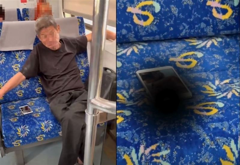 有民眾搭乘台鐵3181次區間車時,目擊一名男乘客一人霸占2個座位,不僅將手伸出車窗外,更將手機放在隔壁座椅上公然播放未戴耳機的不雅影片。(翻攝自臉書/來談鐵路)
