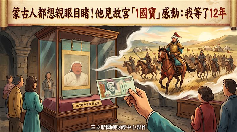故宮國寶〈元代帝半身像 元太祖〉目前正在特展展出。有在台蒙古人日前拍攝影片分享，自己如何歷經12年等待，意外看到這幅「所有蒙古人都想親眼目睹」的成吉思汗肖像，他還拿出蒙古紙幣上的成吉思汗形象與之對照。（圖／三立新聞網財經中心莊佳芳AI製圖）
