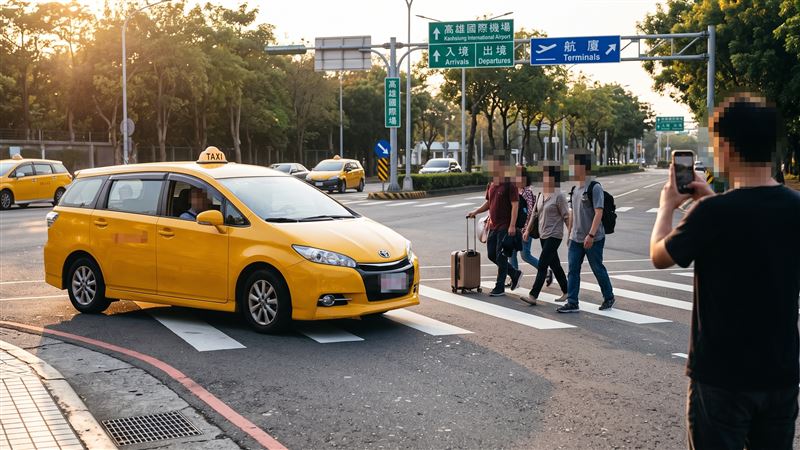 計程車司機開車行經高雄機場入口時,因轉彎遇行人通過穿越道,遭民眾檢舉未暫停讓行人先行,被裁罰6000元並須參加講習。(示意圖/AI製圖)
