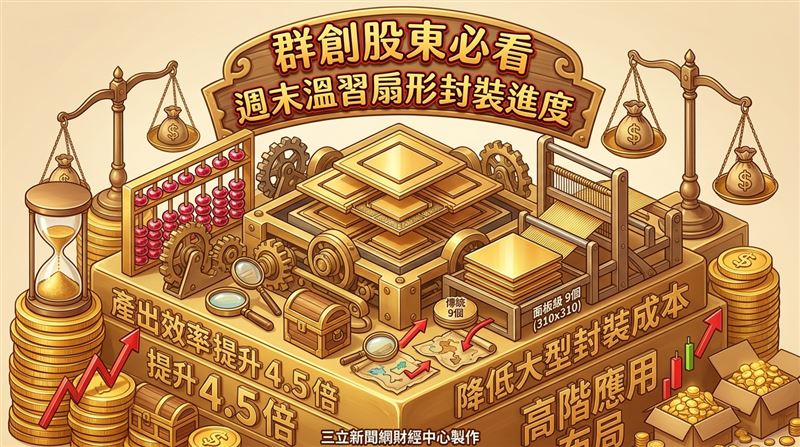 聯發科(2454)已量產扇出型面板級封裝多年、力成(6239)則已建立4大面板級技術平台,涵蓋不同應用需求、日月光投控(3711)則採用310乘310毫米標準化面板建立量產基礎。群創、友達陸續進入門檻。(圖/三立新聞網財經中心莊佳芳AI製圖)