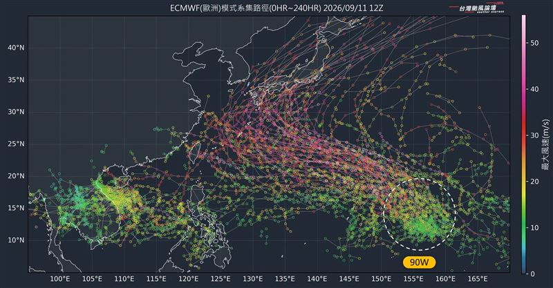 熱帶擾動90W預計下週三（16日）前後發展為杜鵑颱風，目前路徑不確定性大，需持續追蹤。（圖／翻攝自台灣颱風論壇｜天氣特急臉書
