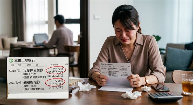 人夫外遇按摩師，3年半贈與的金額高達600萬，匯款數字還藏愛語，成妻子抓姦證據。（示意圖／AI生成）
