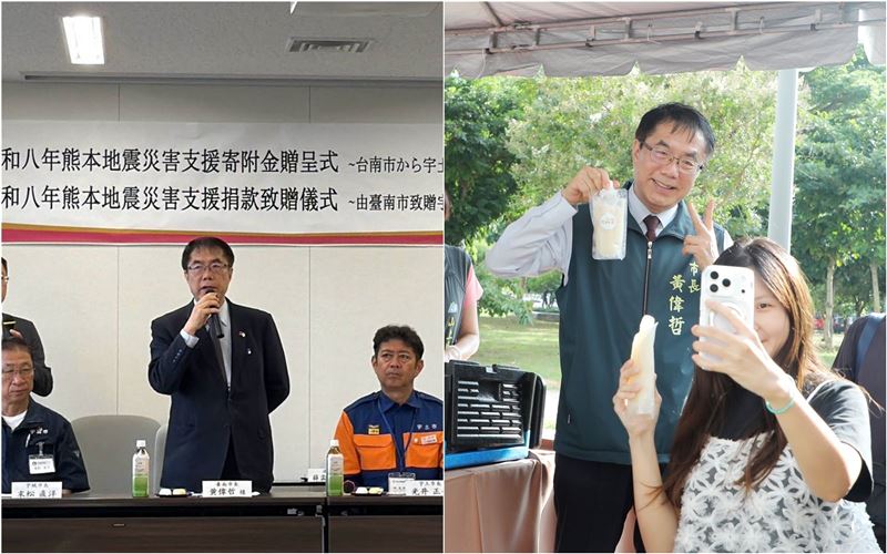 黃偉哲12日上午在熊本代表台南市捐贈地震善款，下午馬上回到台南永康推廣芭樂。（台南市府提供）