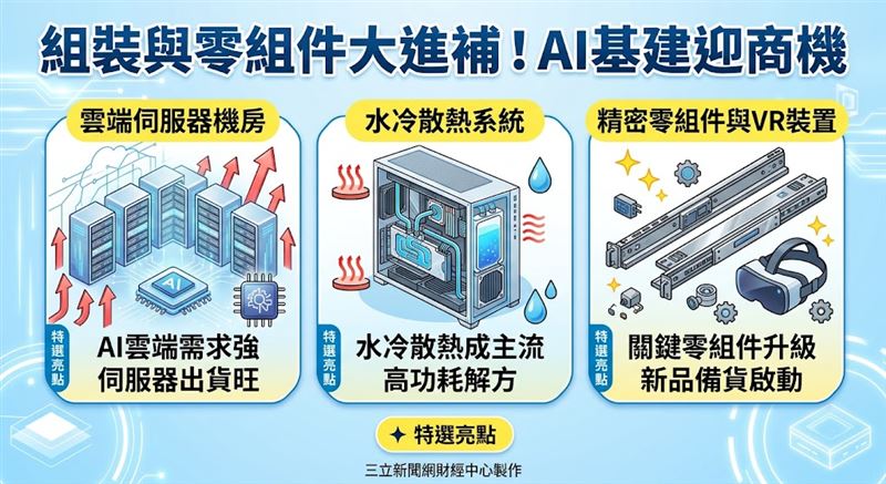 組裝與零組件產業8月營收年增42%，受惠AWS ASIC放量與VR新品備貨，雖然記憶體短缺影響通用伺服器出貨，但在水冷散熱與AI需求帶動下，整體營運維持強勁。（AI製圖）