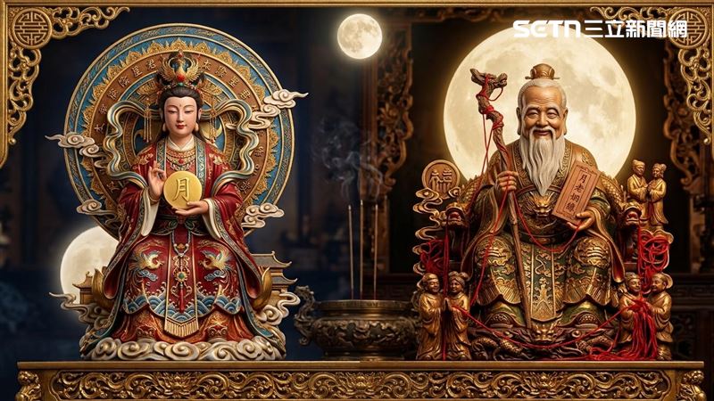 農曆八月十五(9月25日)不僅是中秋節,更是月下老人(右)以及月娘(左)誕辰,當天除了求良緣,也是斬桃花、斷孽緣的民俗吉日。(AI示意/記者陳韋帆製)