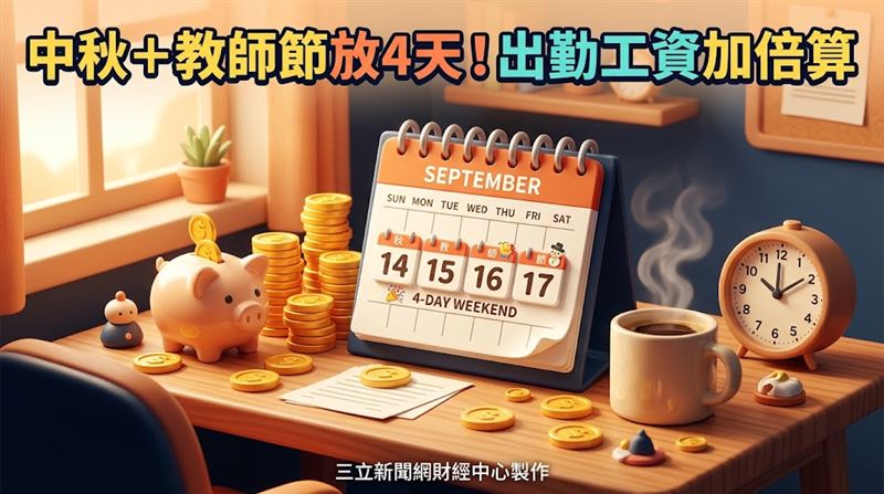 勞動部強調,9月25日星期五及9月28日星期一性質為國定假日,依《勞動基準法》第39條規定,休假日出勤加倍發給工資,若以薪資3萬6千元試算,為150元乘上8小時為1200元;其次,9月26日星期六性質為休息日,依《勞動基準法》第24條第2項有關休息日出勤加給之規定計算,試算為150元乘上2小時乘上4/3,加上150元乘上6小時乘上5/3,合計為1900元;至於9月27日星期日性質為例假,非有天災、事變或突發事件,不得使勞工於例假出勤工作。(圖/三立新聞網財經中心蕭榕AI製圖)