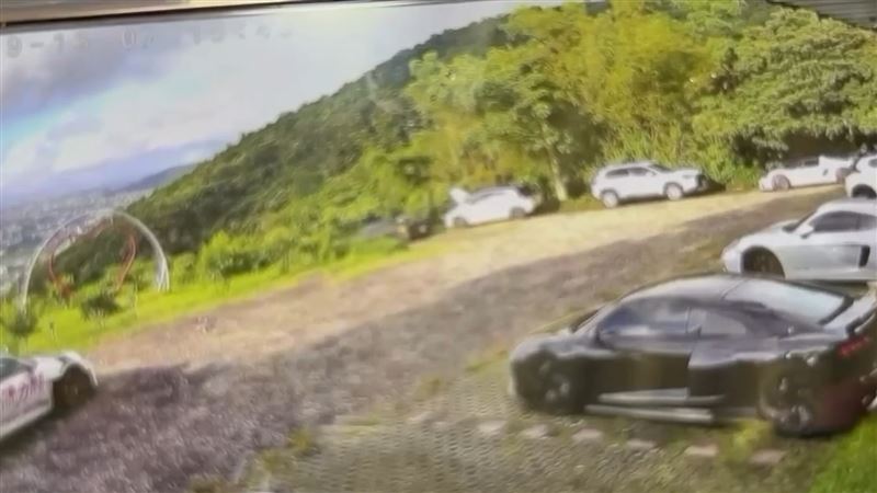 疑車主忘記拉手剎車,義大利Dallara Stradale跑車從斜坡滑下深約百公尺的山谷。(圖/翻攝畫面)