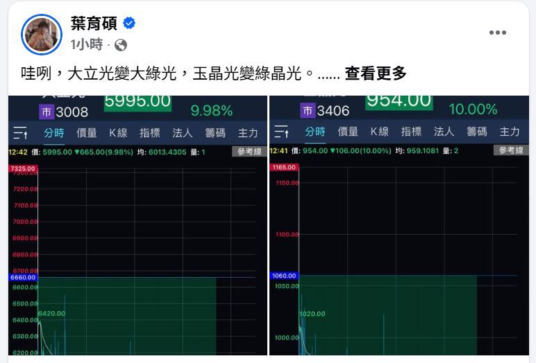 「大立光變大綠光,玉晶光變綠晶光」財經專家葉育碩分析爆跌原因。(圖/翻攝自葉育碩臉書)