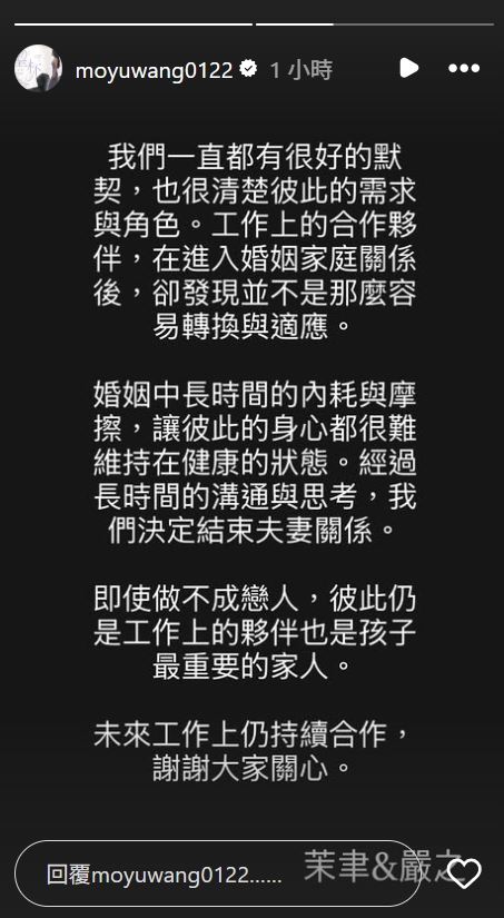 王茉聿在IG限時動態中發聲。（圖／翻攝自IG @moyuwang0122）