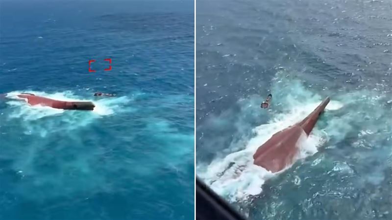 印尼爪哇海發生嚴重翻船事件，渡輪在巨浪中上下顛倒。（圖／翻攝自X@basarnasofficial）