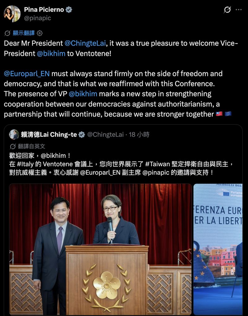 歐洲議會副議長皮齊耶諾（Pina Picierno）分享賴清德總統貼文，並貼出台灣國旗。（圖／翻攝自X平台 @pinapic）