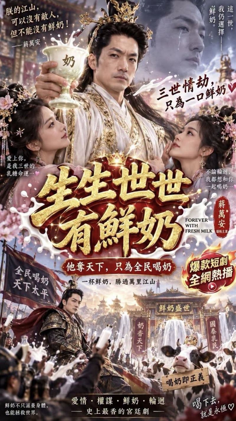 作家謝知橋分享，網友製作的蔣萬安AI KUSO海報《生生世世有鮮奶》。（圖／翻攝自謝知橋臉書）