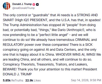 美國總統川普(Donald Trump)再有狂言!他PO文反對AI監管,批評Anthropic執行長阿莫戴等監管派為「叛徒」,並誇口只有「高智商總統」(他自己)是AI唯一需要的管控。(圖/翻攝自川普真實社群帳號)