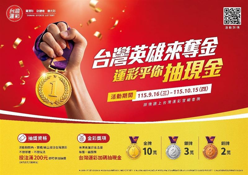 名古屋亞運將至,台灣運彩祭出不設上限獎金與奪牌抽獎誘因,鎖定團體賽全面開盤,預估銷售額挑戰8億元大關。(圖/台灣運彩提供)
