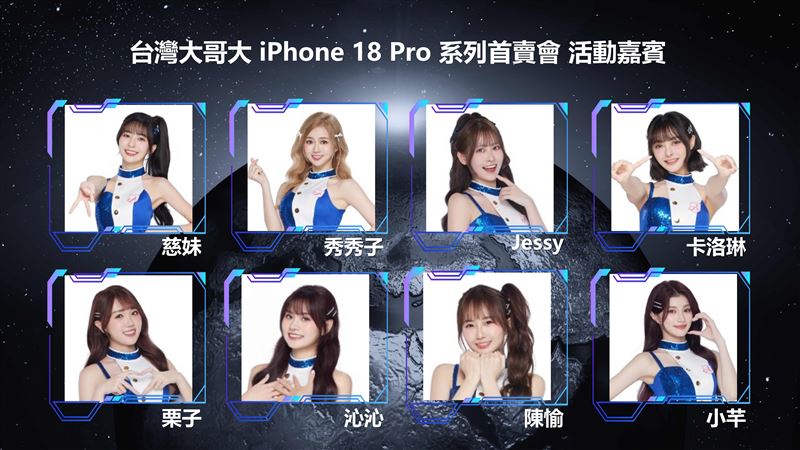 台灣大iPhone 18 Pro系列首賣會邀Fubon Angels秀秀子、慈妹、Jessy、卡洛琳、栗子、沁沁、陳愉、小芊8位女神熱力應援。(圖/台灣大哥大提供)