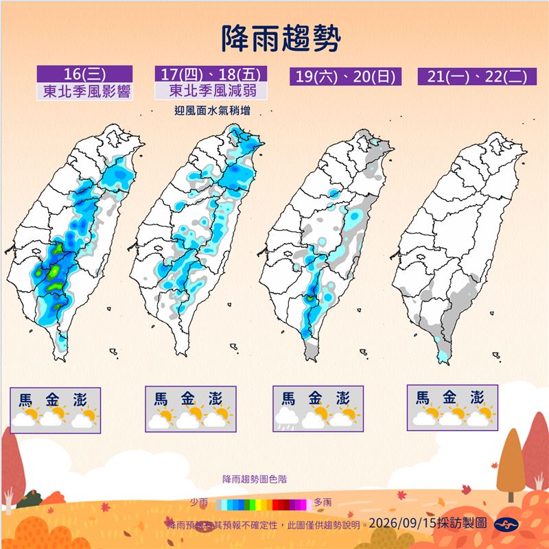 近期天氣受東北季風影響。(圖/氣象署)