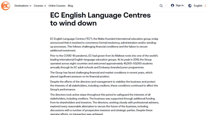 全球知名語言教育集團EC English Language Centres爆發嚴重營運危機，預估影響學生超過千人。（圖／翻攝自EC官網）
