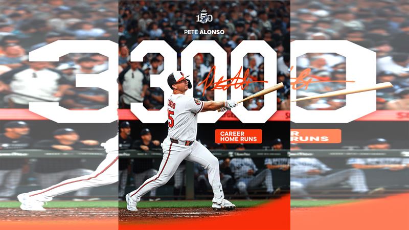 阿隆索(Pete Alonso)在轉戰巴爾的摩金鶯隊後首次重返花旗球場,達成大聯盟生涯第300轟的里程碑。(圖/翻攝自X平台 @Orioles)