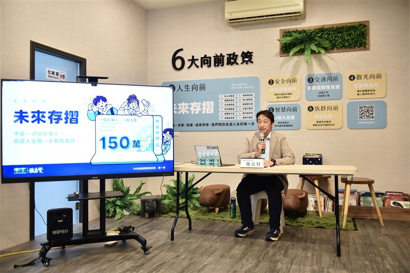 魏嘉賢提出「未來存摺」政見,首波主打交通、旅遊及身心健檢3項補助。(圖/翻攝畫面)