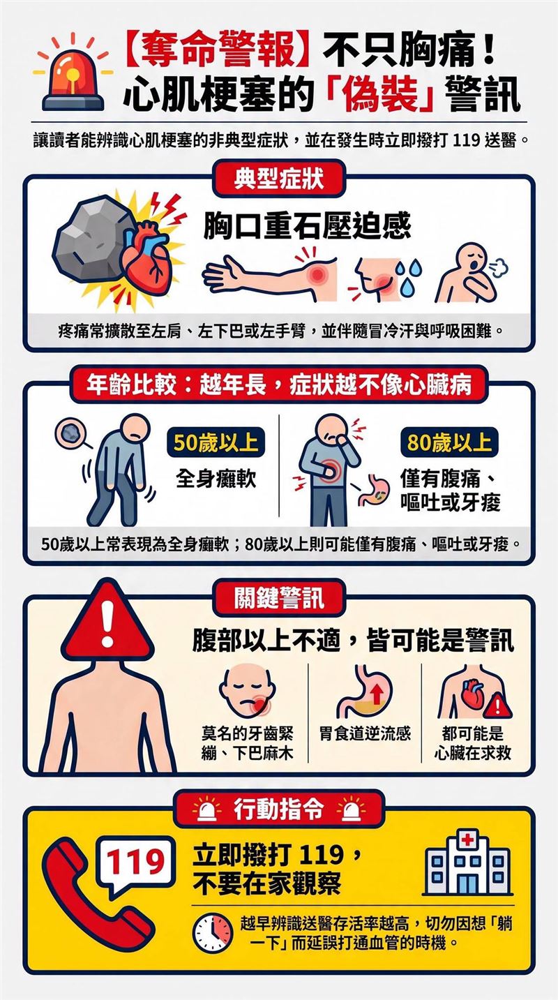 振興醫院特別提醒，急性心肌梗塞是搶時間的急性重症，越早辨識送醫，存活率就越高。（圖／翻攝自振興醫院臉書）