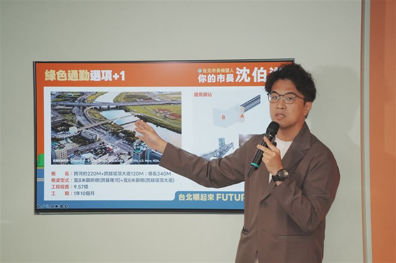 民進黨台北市長參選人沈伯洋舉行「綠色通勤 選項+1」交通政策發表會，提出「迎風-港墘跨基隆河自行車專用橋」作為內湖交通解方之一（圖／沈伯洋競辦提供）