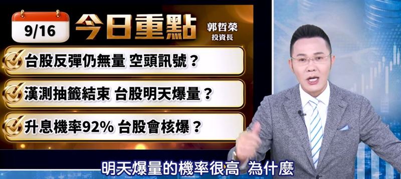摩爾投顧投資長郭哲榮顛覆市場認知指出，歷史經驗顯示大行情噴出前往往伴隨量縮，因此量縮絕對不是空頭訊號！隨著申購熱潮凍結的8656億元資金明日解凍，加上美國聯準會（Fed）即將公布利率決策，台股極可能迎來暴量與「利空出盡」的強勁起漲點，長線目標更有機會衝上5萬點大關。（圖／翻攝自YouTube）