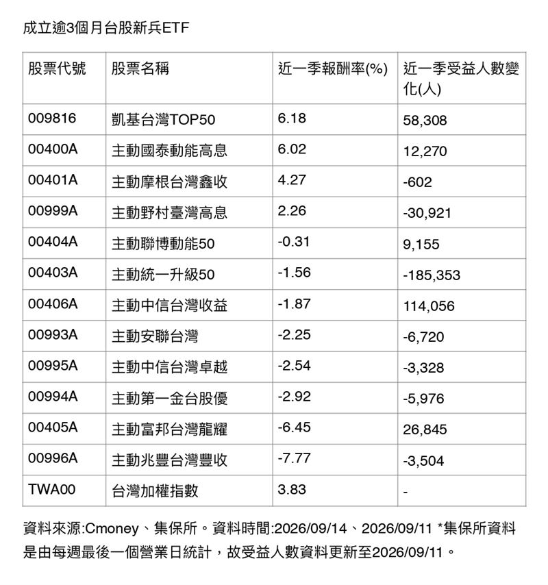 台股近3個月震盪逾7000點,今年新掛牌的15檔ETF中,僅12檔成立滿3個月。其中僅3檔報酬率打敗大盤,且主動式與被動式新兵的受益人數呈現兩極化消長。(資料來源:Cmoney)