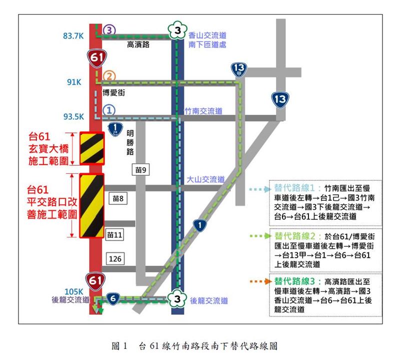 中秋、教師節連假期間走台61線南下的駕駛須特別注意施工改道。(圖/交通部公路局提供)