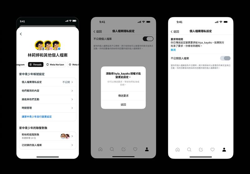 Threads「青少年帳號」預設為不公開,調整設定須經家長同意。(圖/Meta提供)