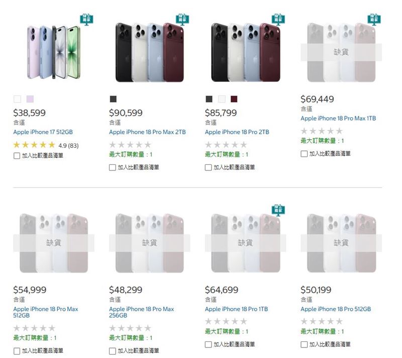 好市多線上購物,iPhone 18 Pro系列僅剩2TB大容量的部分顏色規格有現貨。(圖/翻攝自好市多官網)