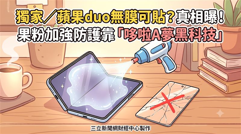 蘋果發表全新iPhone 18 Pro系列與首款折疊機iPhone Duo，針對折疊機內螢幕因軟性材質與摺痕導致傳統保護貼易生氣泡、影響手感的痛點，知名貼膜業者陳小姐指出，業界已開發出「微奈米噴膜技術」。該技術能讓保護液滲透至螢幕內部，不僅外觀無痕且能大幅提升硬度與韌性，同時具備最高九成的濾藍光效果，為折疊機螢幕提供兼具抗摔與護眼的永久性防護方案。（圖／AI製圖）