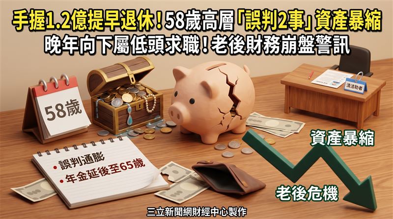 一名58歲男子手握高達1.2億日圓身家,毅然選擇提早退休,未料短短一年光景,竟因誤判通膨走勢與年金請領規定,資產迅速縮水,最終只能放下身段,向過去的部屬開口討工作。(圖/三立新聞網財經中心莊佳芳AI製圖)