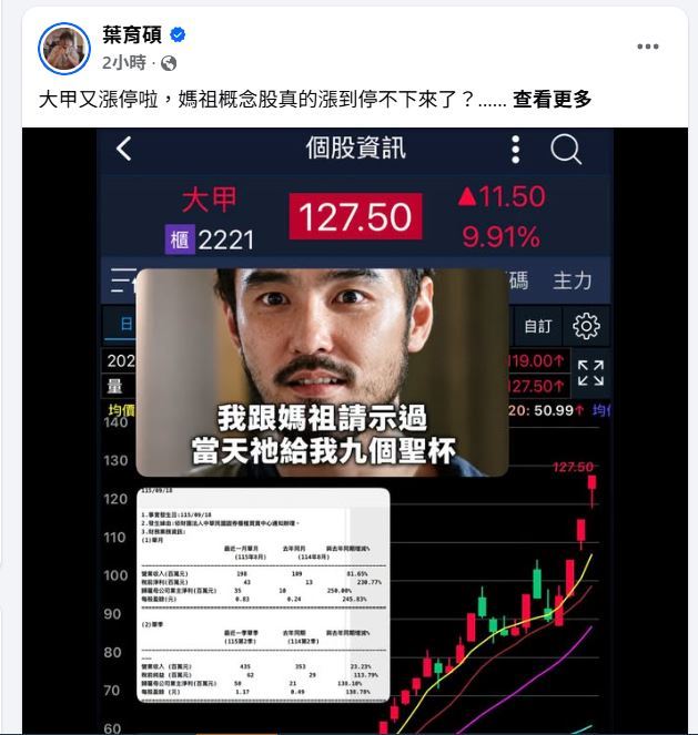 財經專家葉育碩解釋大甲飆漲原因。(圖/翻攝自葉育碩臉書)