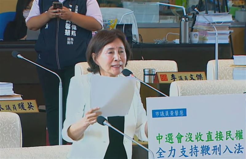 黃馨慧不滿中選會「沒收鞭刑公投」，今在市政質詢上問盧秀燕看法。（翻攝自台中市議會直播）