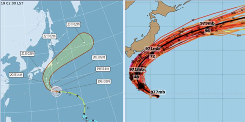 最新(19日2時)氣象署「路徑潛勢預測圖(左圖)顯示,第24 號颱風「杜鵑」在日本南方海面,向西北轉北、再逐漸轉東北,呈現大迴轉的路徑。最新(18日20時)歐洲(ECMWF)系集模式模擬圖(右圖)顯示,「杜鵑」的系集平均路徑大致在日本南方海面向東北大迴轉,經日本本州近海、中心未觸及陸地。個別模擬路徑也已大幅收斂,「不確定性」縮小。(圖/翻攝自洩天機教室官網)