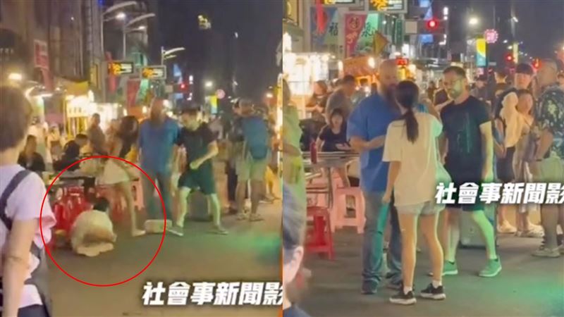 疑似發生消費糾紛,2名女子從店內一路追到店外,2名老外夾在中間勸架。(圖/翻攝自社會事影音)