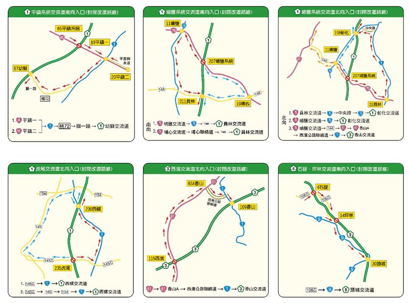 中秋節及教師節連續假期匝道封閉改道路線圖。(圖/高公局)