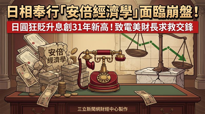 日本民眾擔心日幣貶值引發的通膨會影響日本首相高市早苗的支持率,但貝森特擔心的是日本國債的拋售潮會蔓延至現也搖搖欲墜的美國國債。(圖/三立新聞網財經中心莊佳芳AI製圖)
