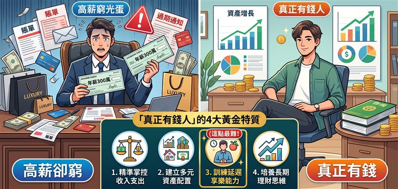 高薪卻窮光蛋?現實生活中,有人收入不低,月底卻總是「錢不知道花去哪」;也有人收入普通,卻能一步步累積存款,遇到突發狀況時也比較不容易陷入財務壓力。(示意圖/AI生成)