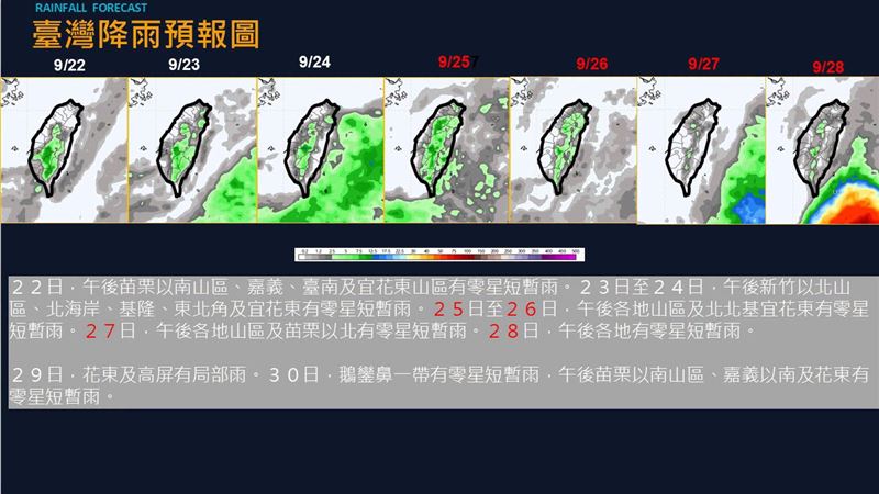 賈新興說明,9月25日起全臺天氣轉為穩定,中午體感有點熱,午後僅山區有零星短暫雨,標準的「秋老虎」型態!(圖/翻攝自賈新興臉書)