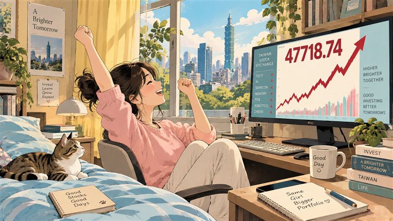 終場大漲538.09點、漲幅1.14%,收在47718.84點,改寫收盤歷史次高,成交值8202.16億元。技術面來看,大盤今日開高走高,收盤再度逼近歷史高檔區,短期均線架構持續翻揚,有利偏多格局延續。不過,法人指出,目前成交量續航力仍略顯不足,在指數位處高檔之際,後續仍須提防盤中震盪幅度放大。太陽能族群今日大放異彩。馬斯克近期接連看好太陽能發展,並預言太陽能占全球能源比重將呈指數型成長,市場傳出英特爾攜手友達集團布局Micro LED先進封裝,帶動友達(2409)攻上漲停,並點火LED族群。(圖/AI生成)