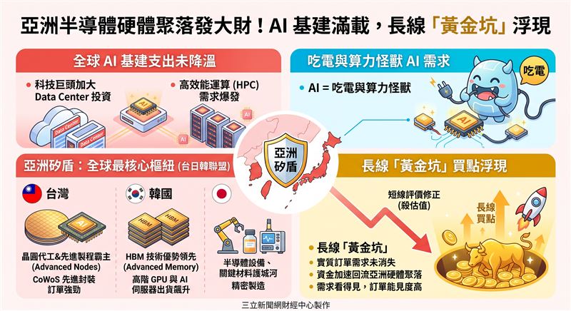 9月24日川習會牽動全球科技鏈，伴隨美債殖利率逼近5%，市場掀起波瀾。然而全球AI基建資本支出未減，台、日、韓建構的亞洲半導體聚落，在CoWoS與HBM強勁訂單護體下，短線評價修正反而浮現長線「黃金坑」買點，資金正加速回流硬體聚落。（AI製圖）