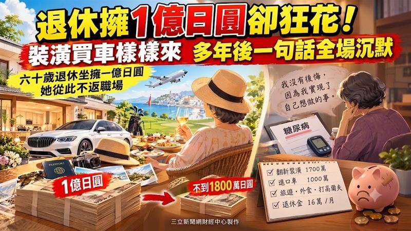 佐佐木女士60歲退休擁1億日圓,13年後僅剩不到1800萬。(圖/三立新聞網財經中心蕭榕AI製圖)