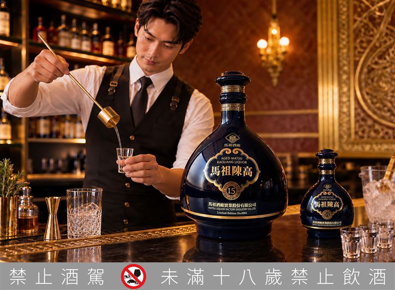 馬祖陳高15年50° 7L大藍寶(左)，首次於台灣島內外限量販售。右邊小酒為600ml對照圖。（圖／品牌業者提供）