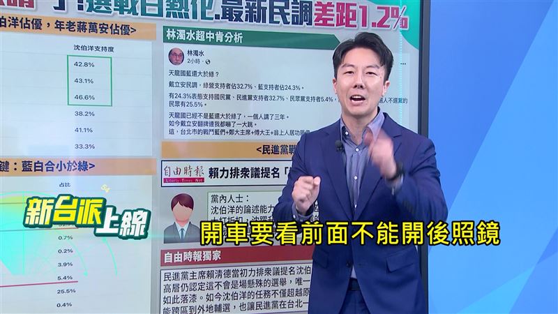 民進黨發言人吳崢以「開車不能只看後照鏡」比喻藍營支持者不能只看過去的支持度。(圖/新台派上線)
